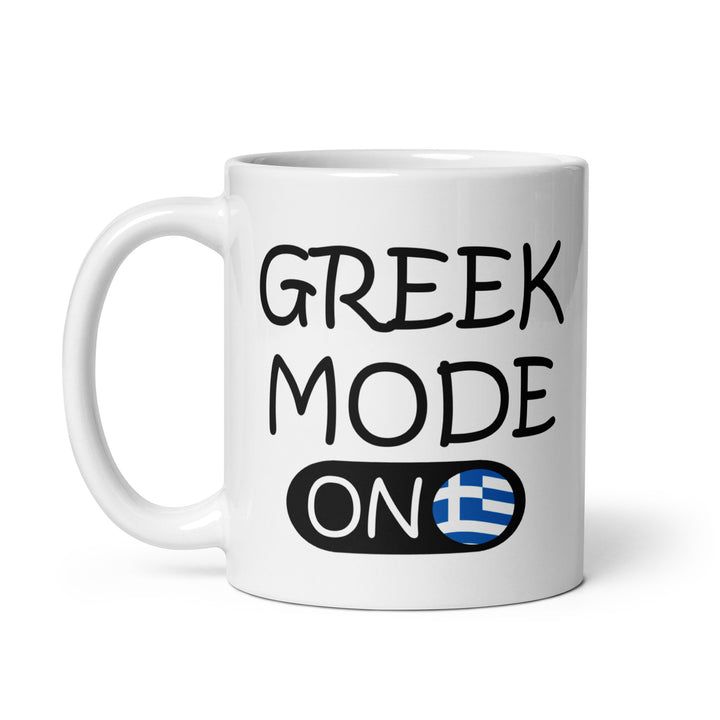 Greek Mode On - White glossy mug