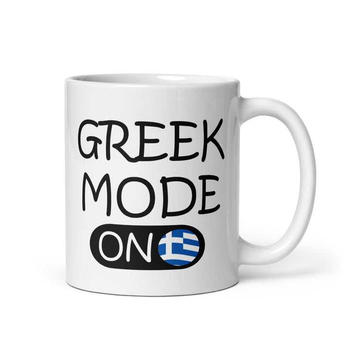 Greek Mode On - White glossy mug