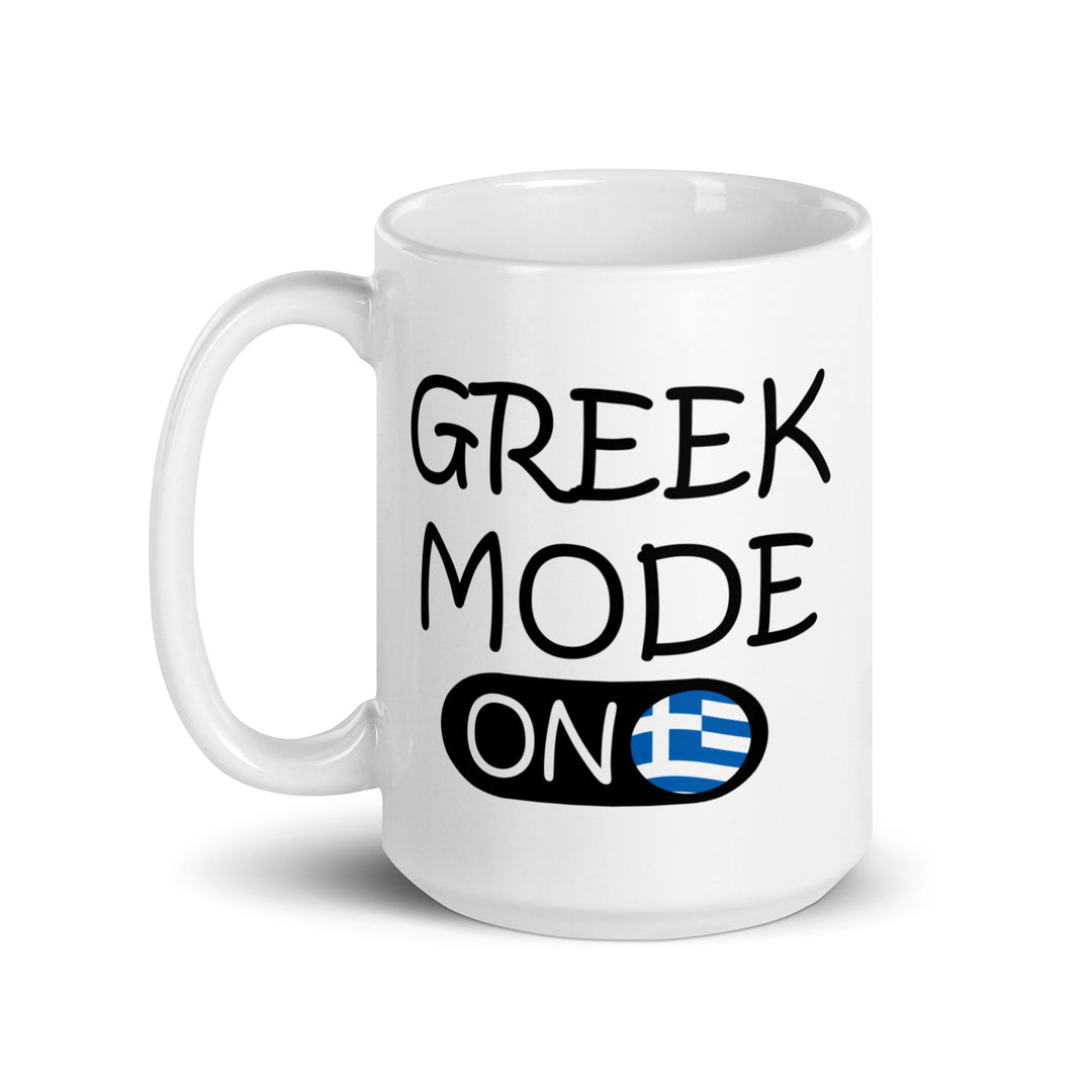 Greek Mode On - White glossy mug