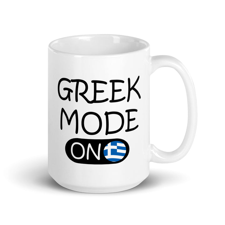 Greek Mode On - White glossy mug